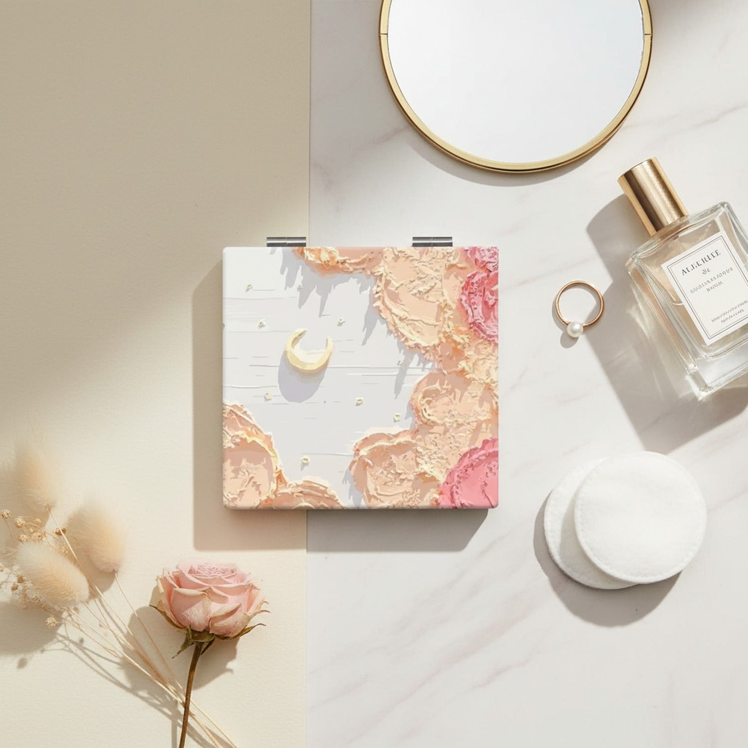 Peachy Pink Textured Compact Mirror – Korean beauty tool (view 2)