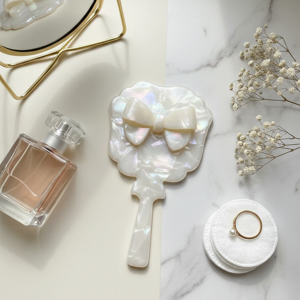 Pearl Bow Hand Mirror With Handle – Korean beauty tool (view 2)