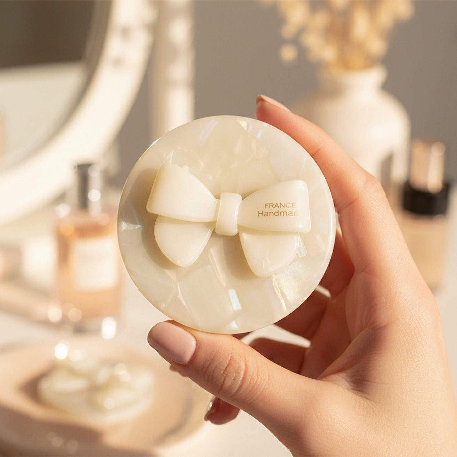 Cream Bow Compact Mirror - Handmade France