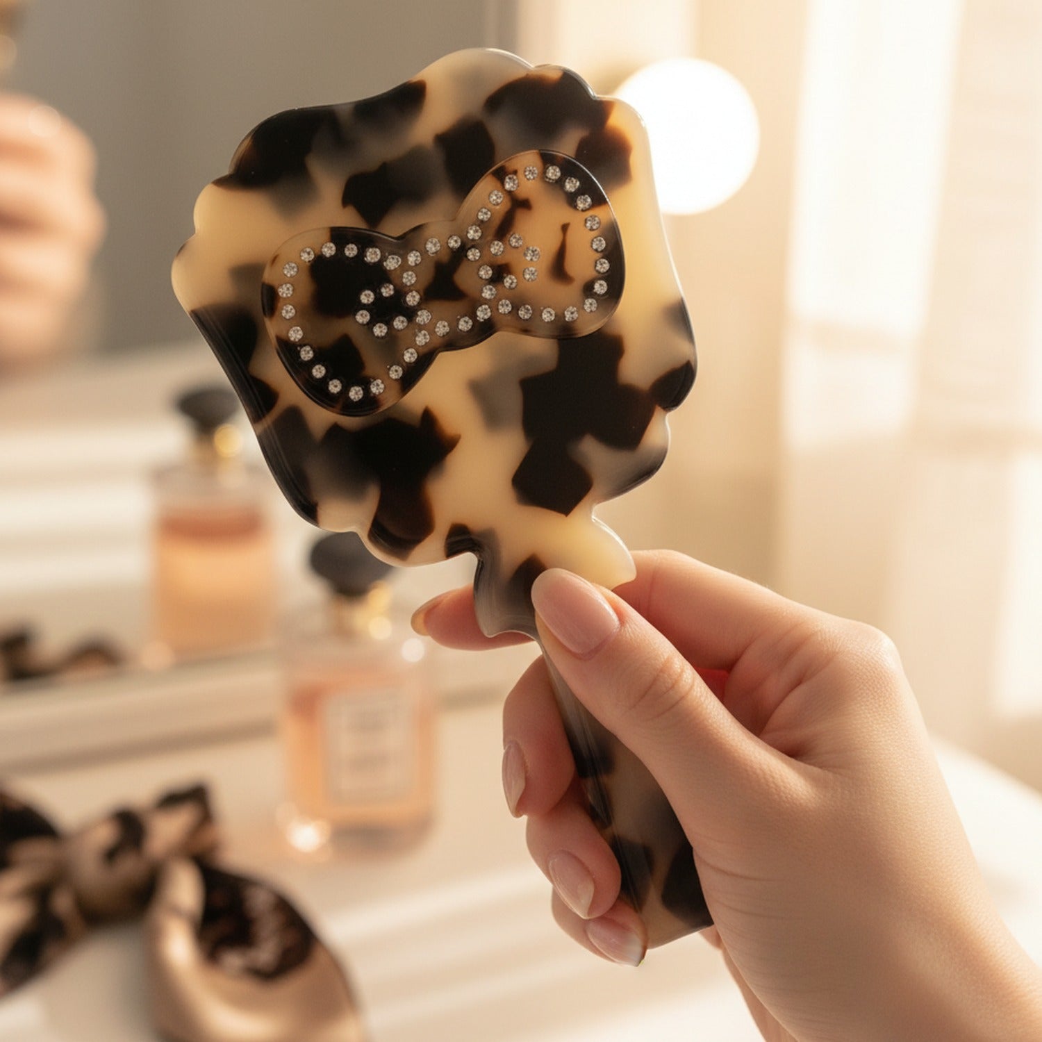 Tortoiseshell Rhinestone Bow Makeup Mirror Compact