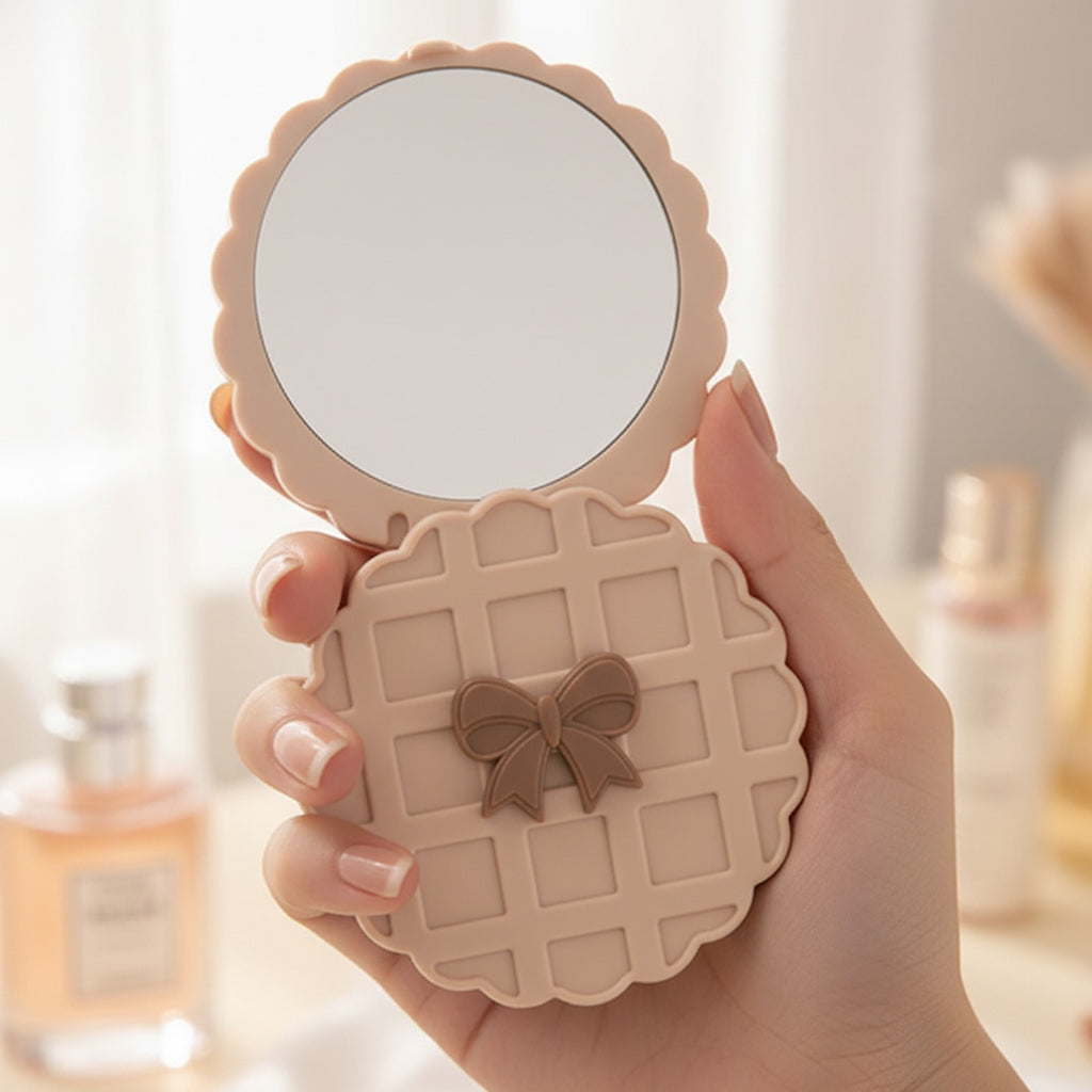 Quilted Peach Compact Mirror With Bow Charm – Korean beauty tool (view 3)
