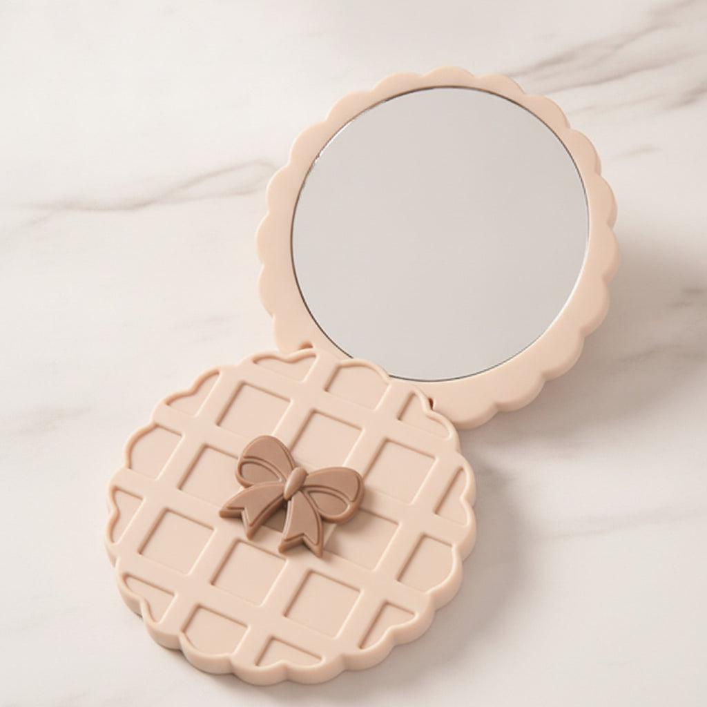 Quilted Peach Compact Mirror With Bow Charm – Korean beauty tool (view 1)
