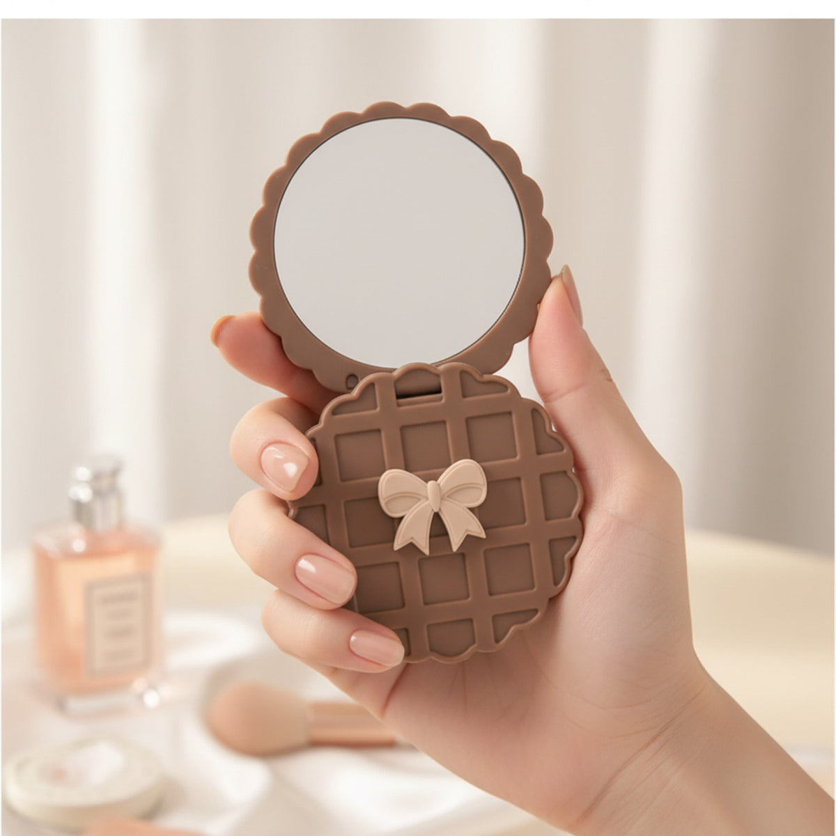 Chocolate Waffle Compact Mirror With Bow – Korean beauty tool (view 3)