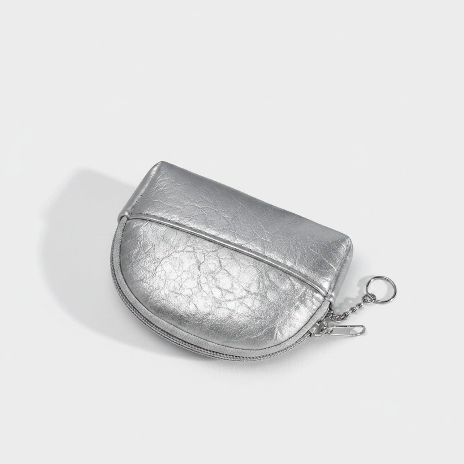Silver Metallic Crescent Coin Purse With Keychain