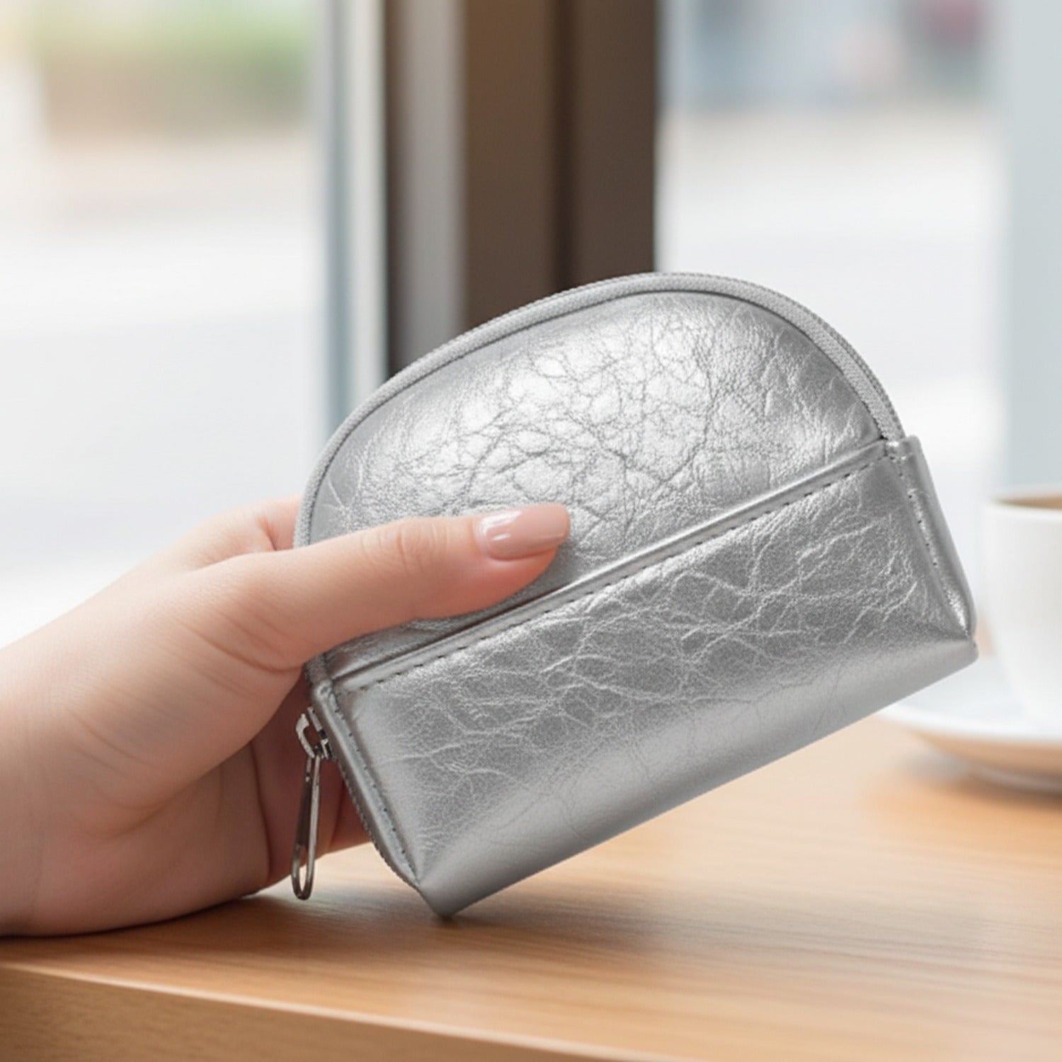 Silver Metallic Crescent Coin Purse With Keychain