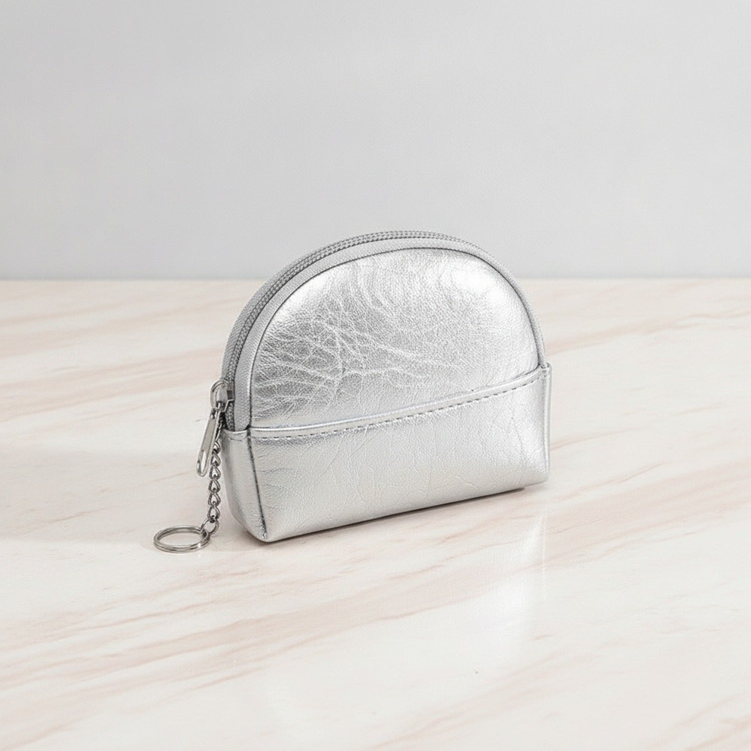 Silver Metallic Crescent Coin Purse With Keychain