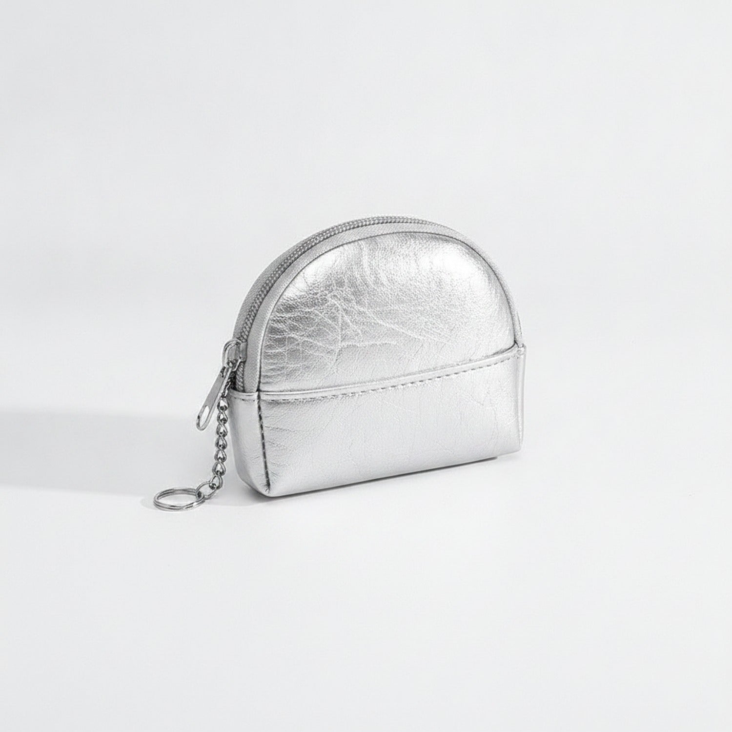 Silver Metallic Crescent Coin Purse With Keychain