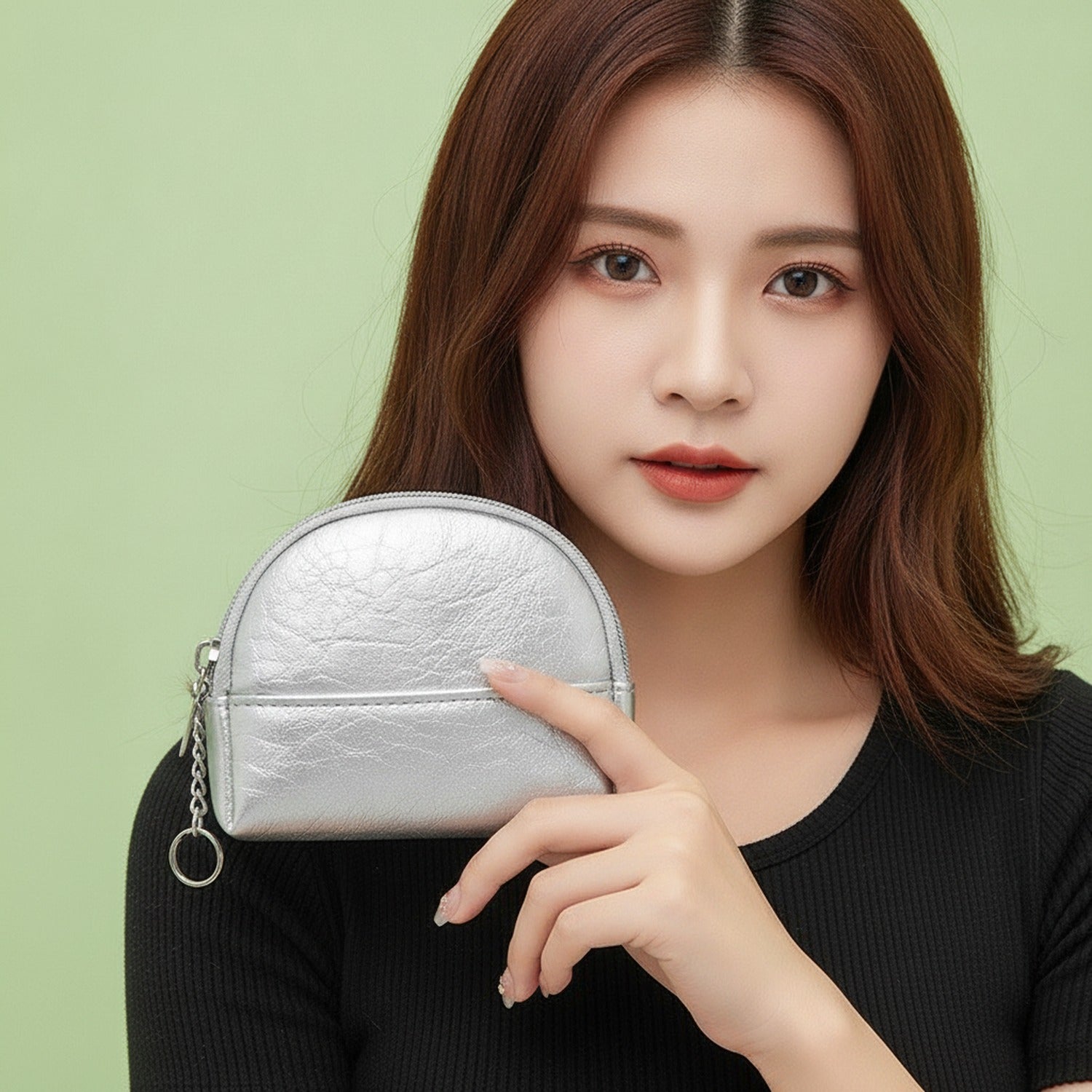 Silver Metallic Crescent Coin Purse With Keychain