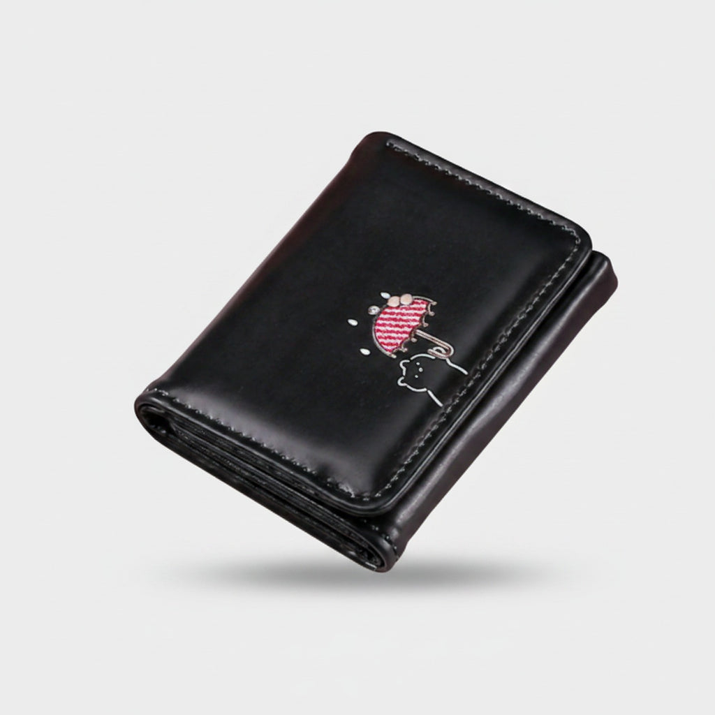 Black Leather Wallet With Embroidered Cherry Design