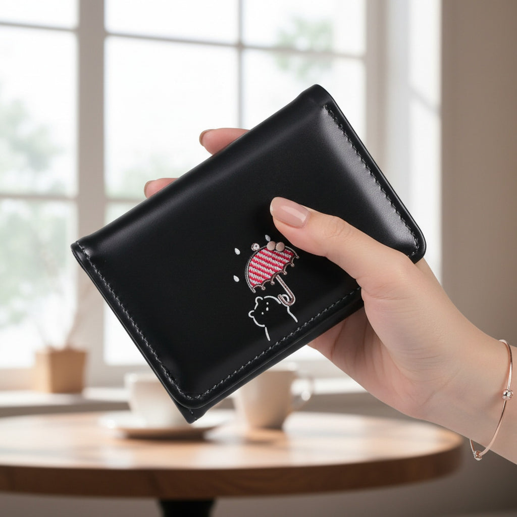 Black Leather Wallet With Embroidered Cherry Design