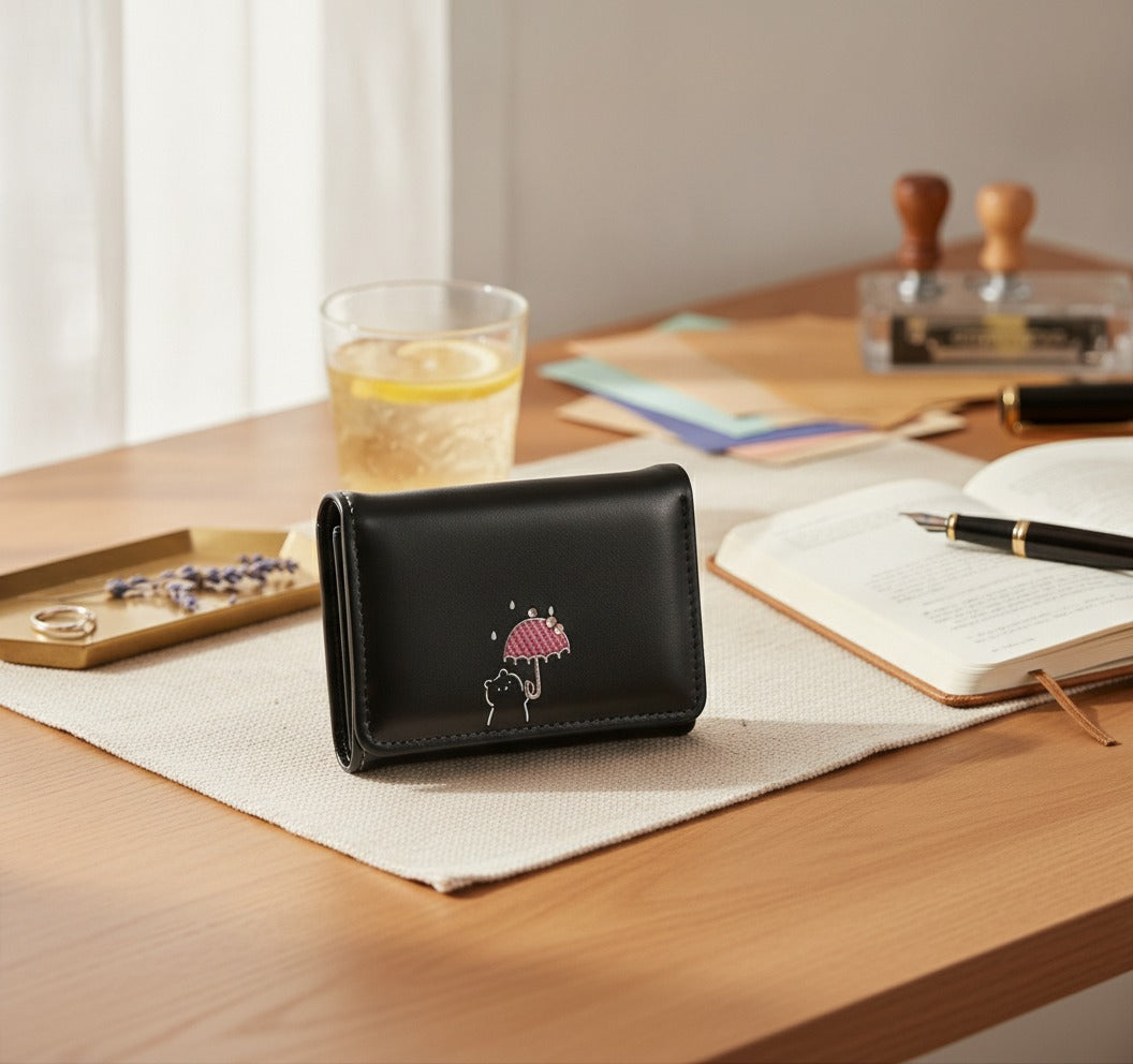Black Leather Wallet With Embroidered Cherry Design – bags & wallets (view 2)