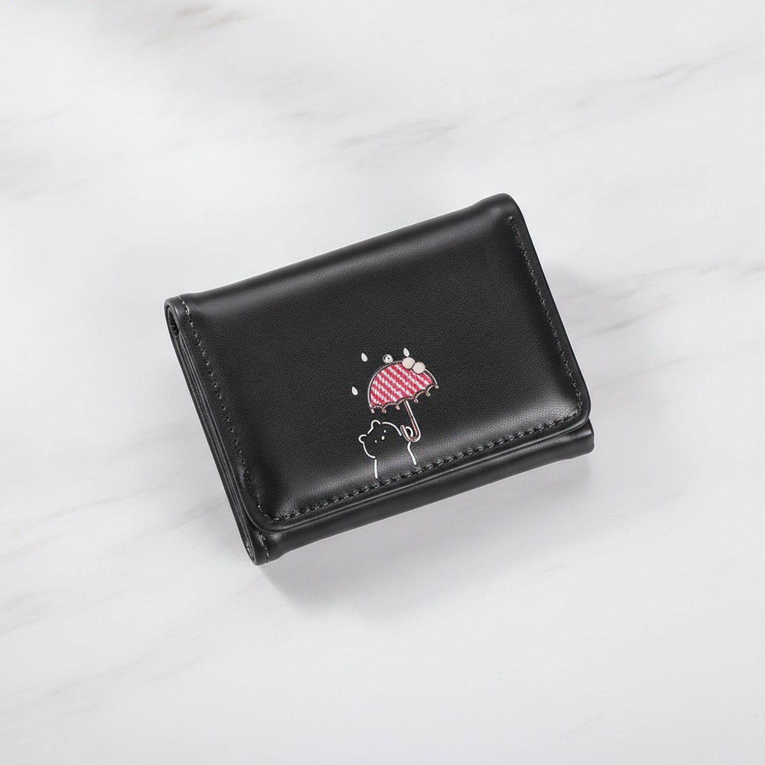 Black Leather Wallet With Embroidered Cherry Design