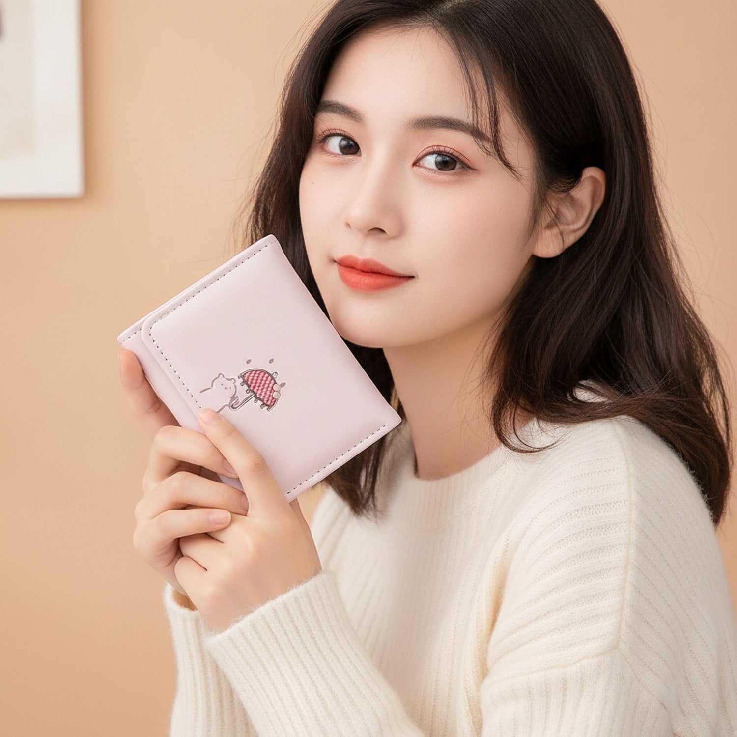 Black Leather Wallet With Embroidered Cherry Design