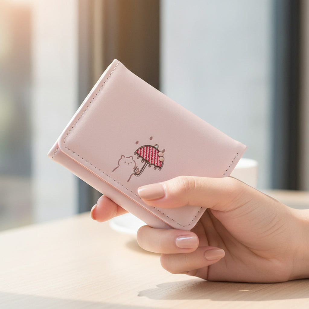 Pink Strawberry Embroidered Trifold Wallet