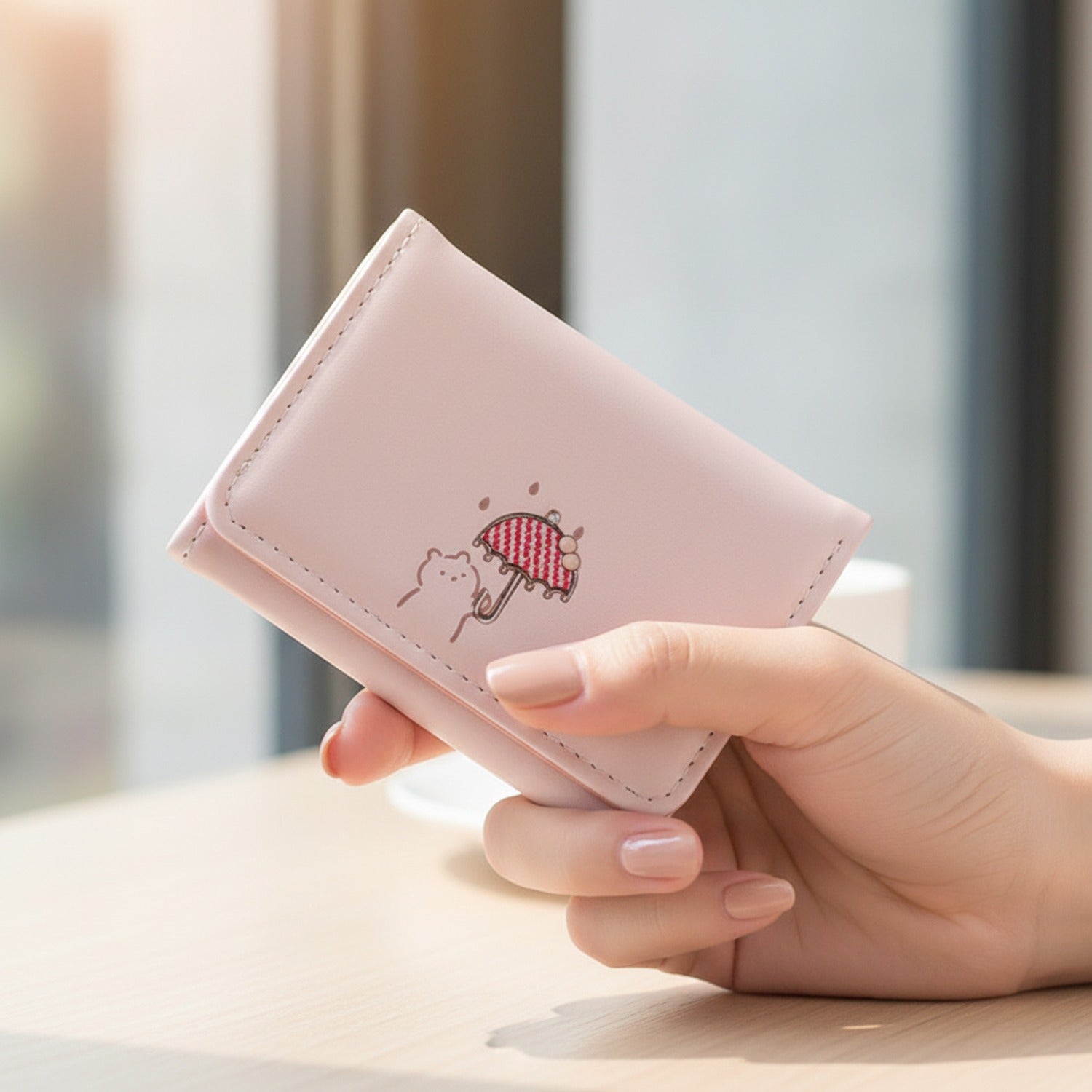 Pink Strawberry Embroidered Trifold Wallet