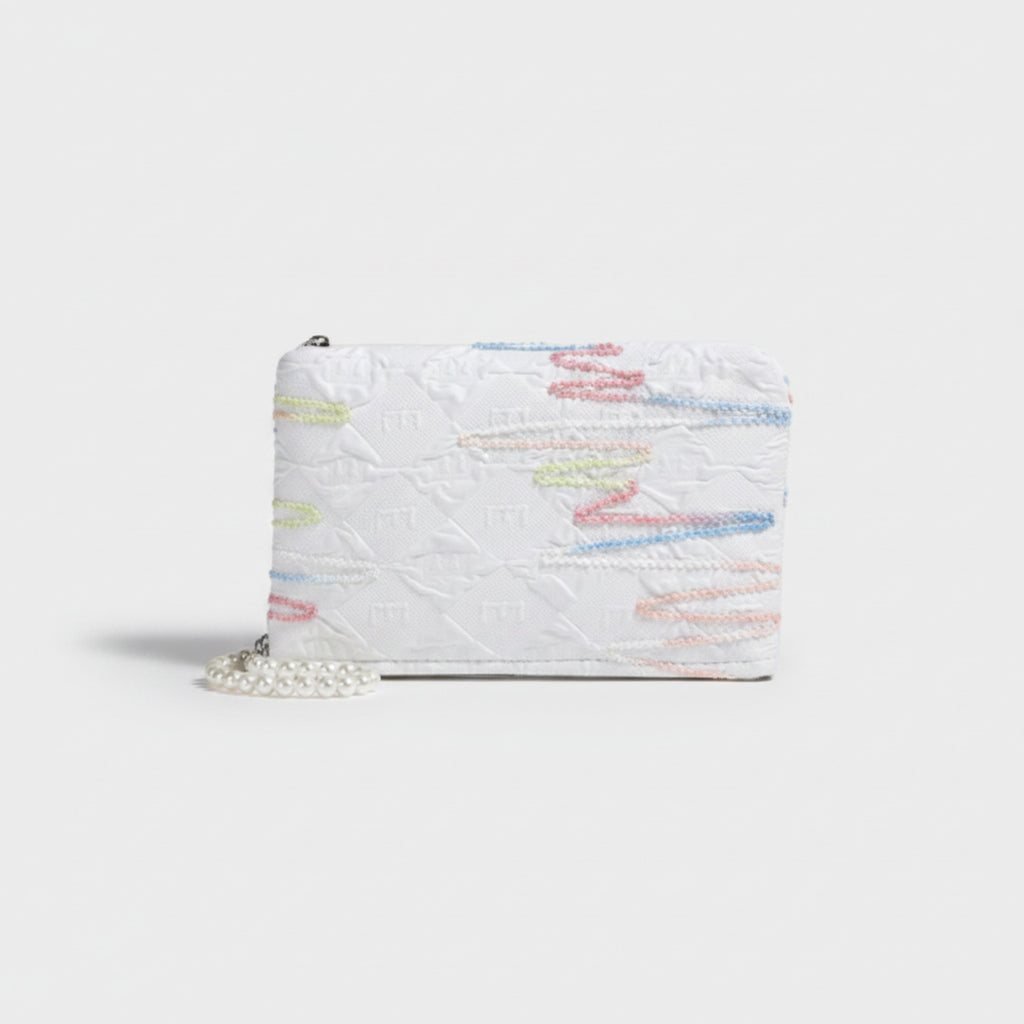 White Quilted Wallet With Pastel Beaded Chain Strap