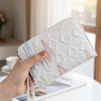 White Quilted Wallet With Pastel Beaded Chain Strap