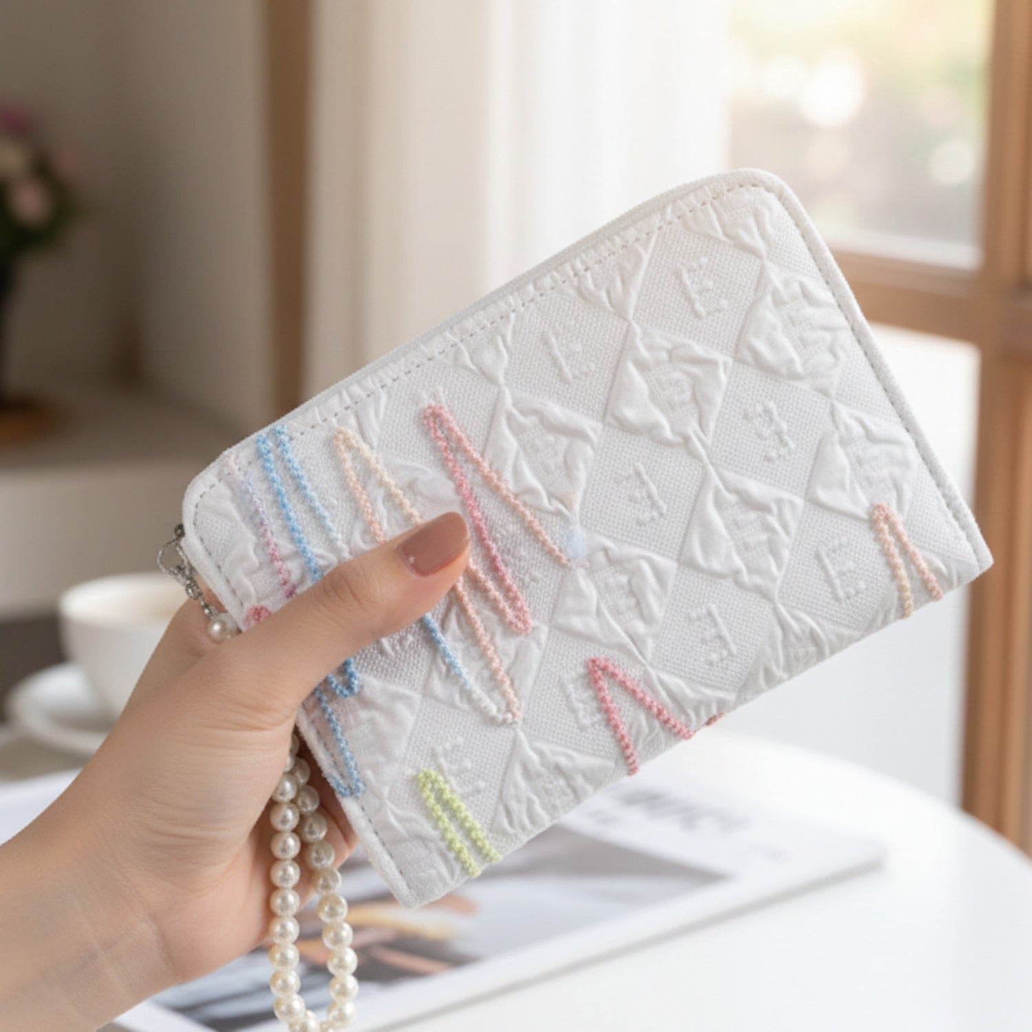 White Quilted Wallet With Pastel Beaded Chain Strap