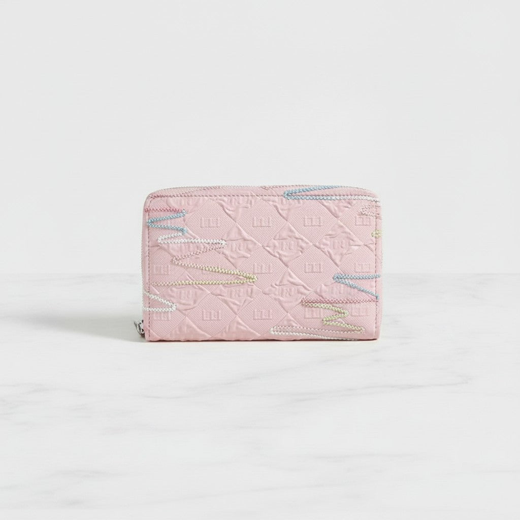 White Quilted Wallet With Pastel Beaded Chain Strap
