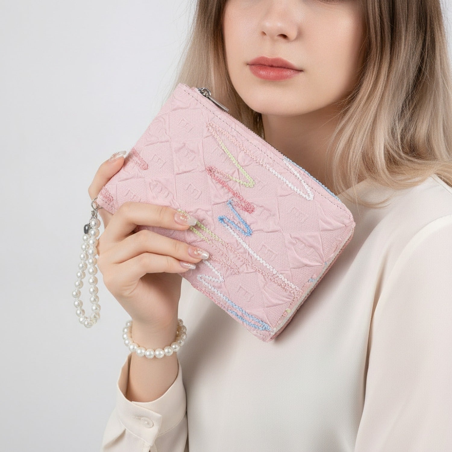 White Quilted Wallet With Pastel Beaded Chain Strap