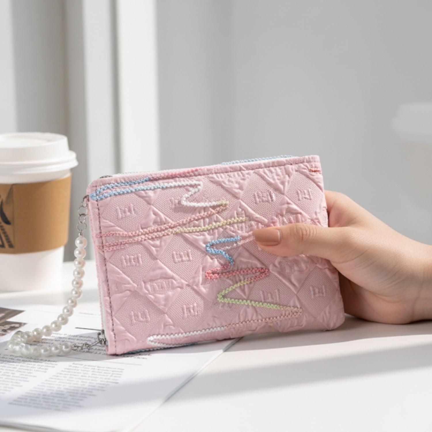 Pearl Beaded Pink Floral Wallet
