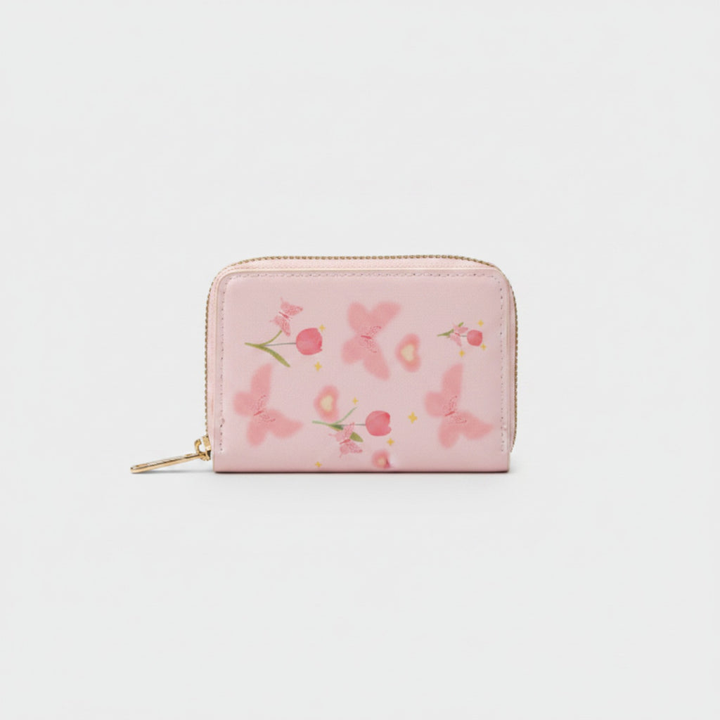 Floral Pink Zip Wallet With Heart Detail