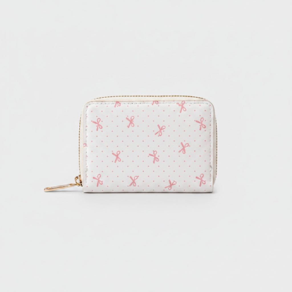 Cute Bow Print Zip Around Wallet Cream