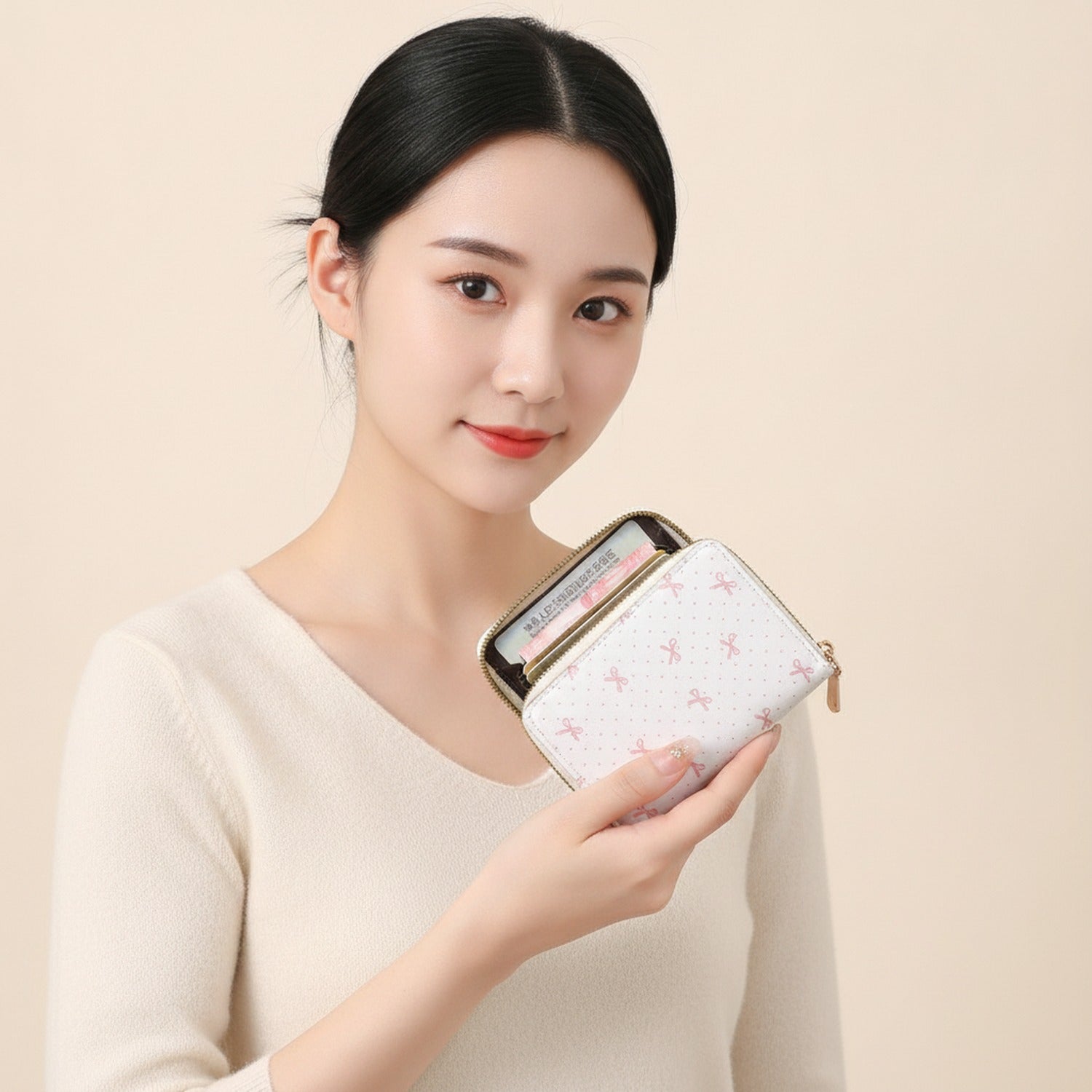 Cute Bow Print Zip Around Wallet Cream