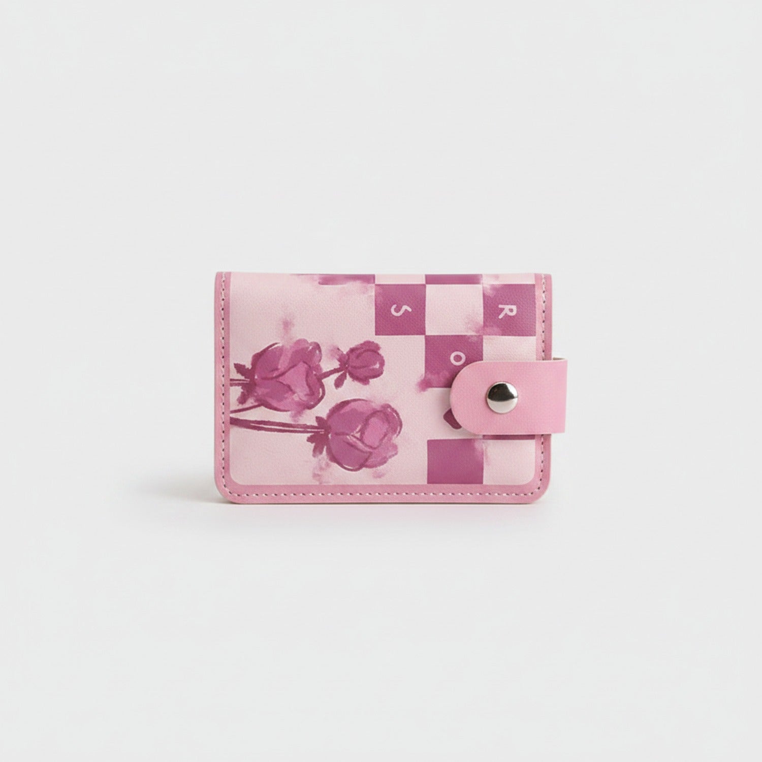 Pink Floral Checkered Card Holder Wallet