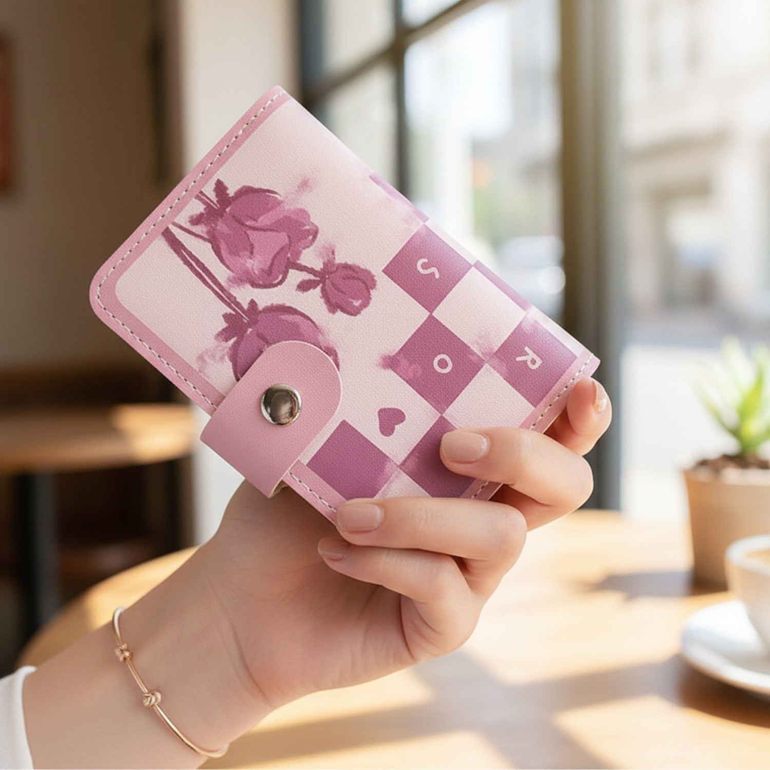 Pink Floral Checkered Card Holder Wallet