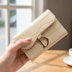 Cream Crocodile Embossed Wallet With D-Ring Closure