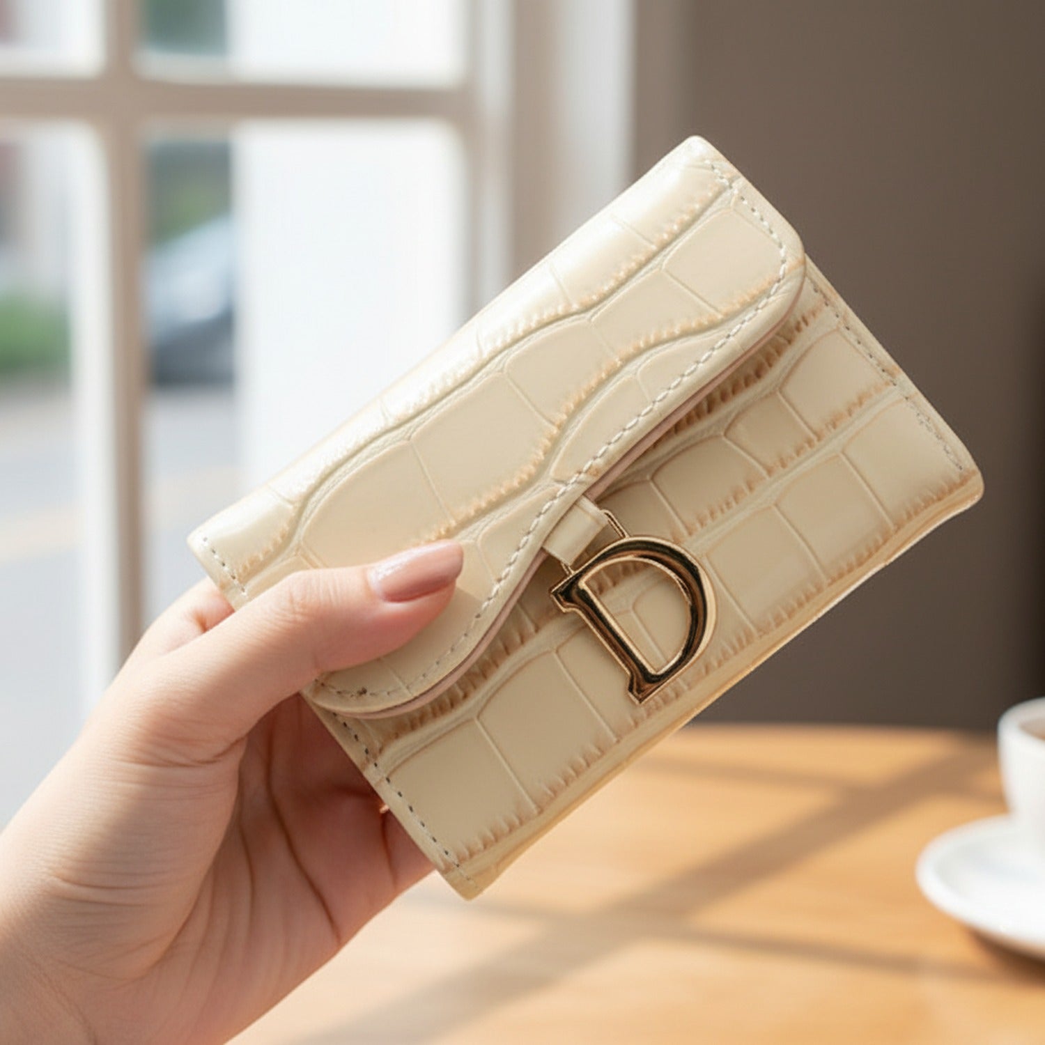 Cream Crocodile Embossed Wallet With D-Ring Closure