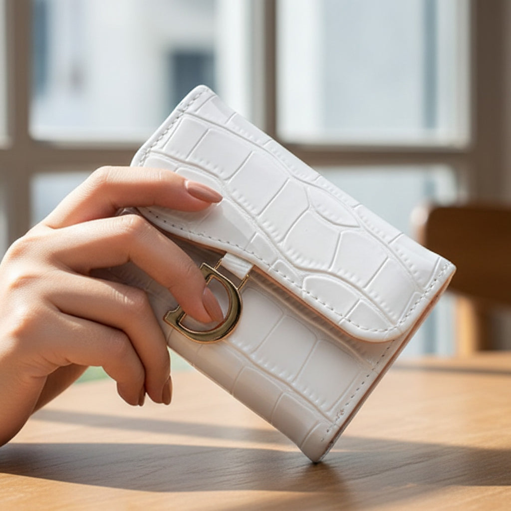 White Crocodile Embossed Card Wallet With D Ring