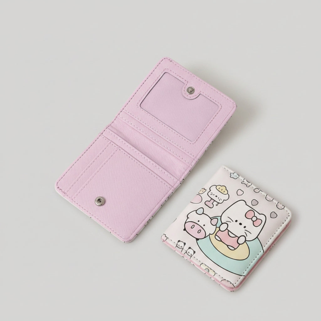Pink Kawaii Character Tri-Fold Wallet With Mirror