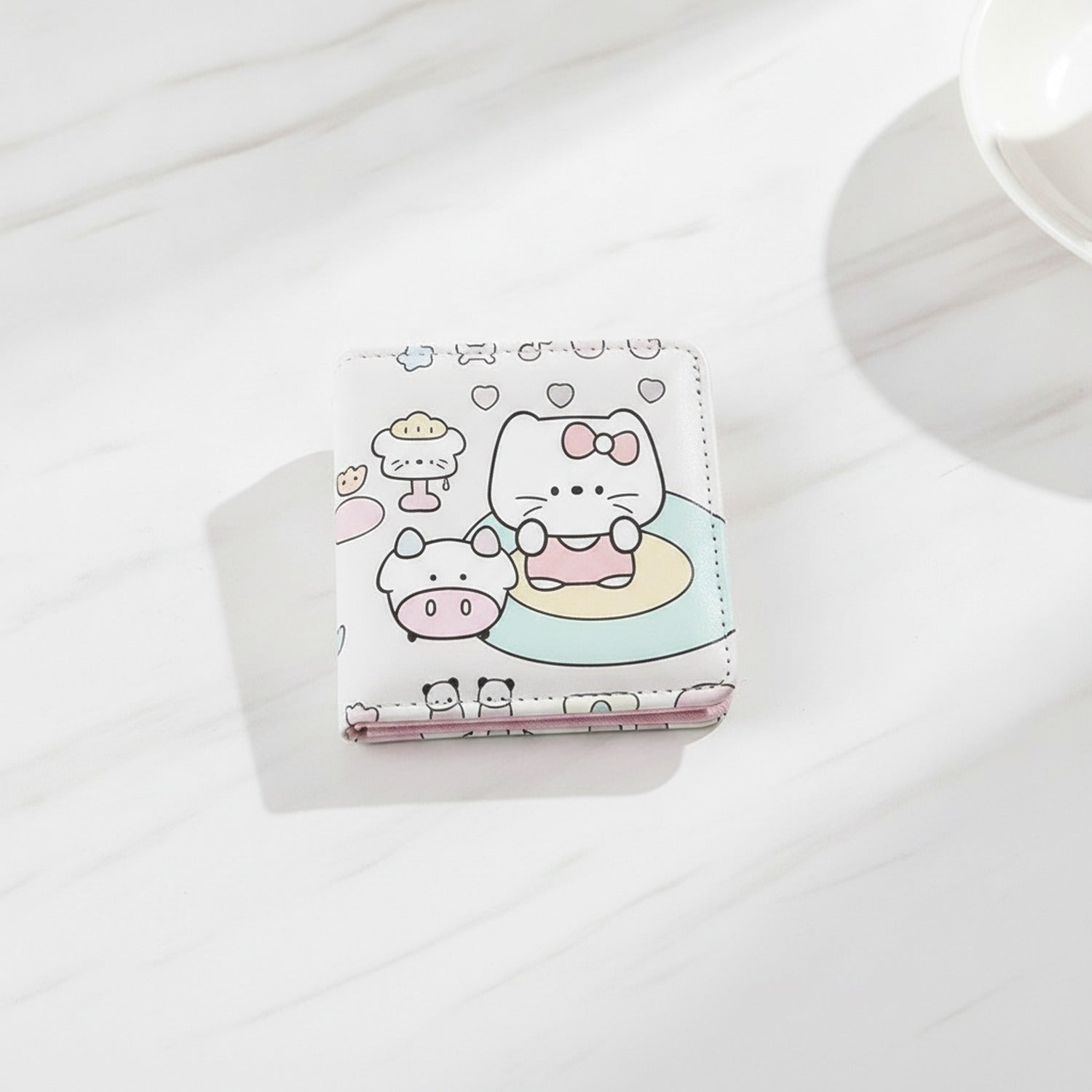 Pink Kawaii Character Tri-Fold Wallet With Mirror
