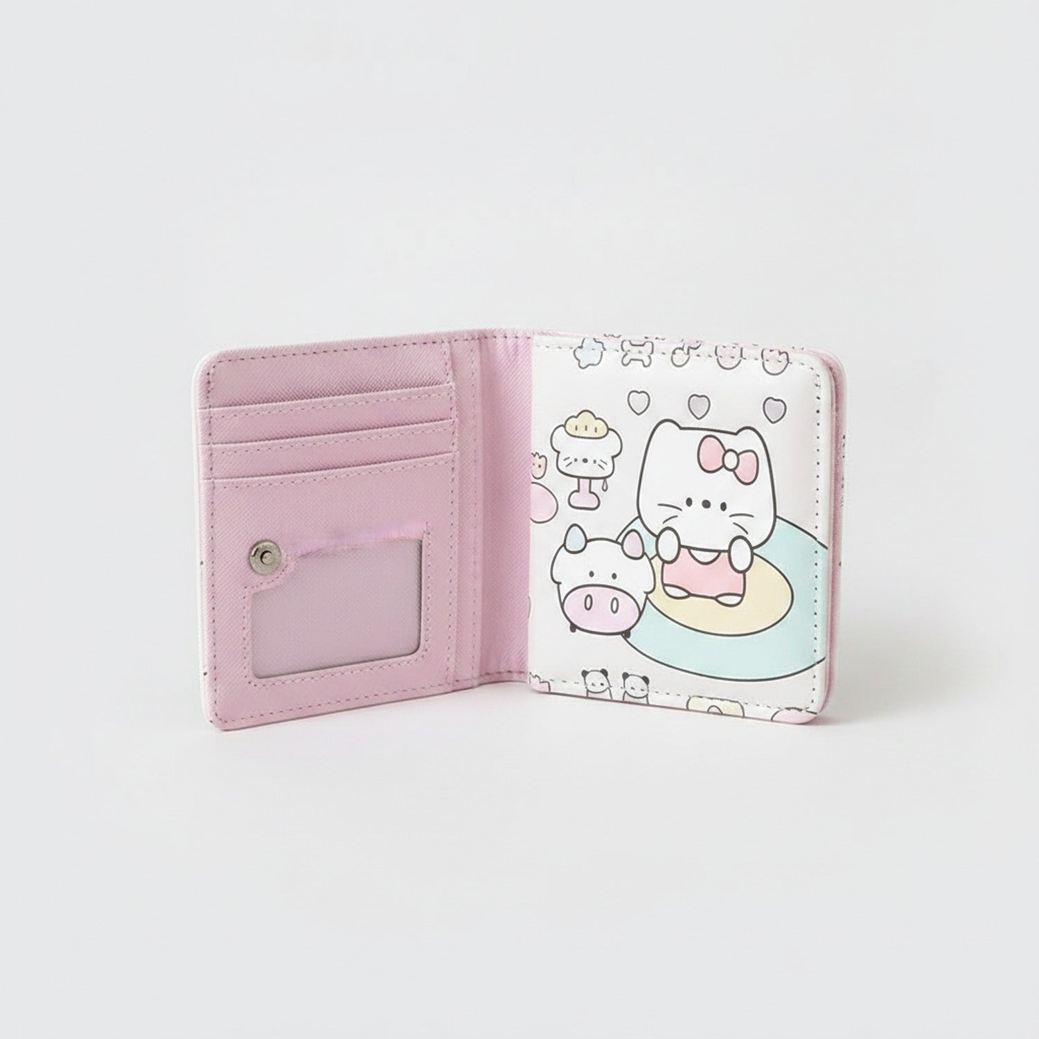 Pink Kawaii Character Tri-Fold Wallet With Mirror