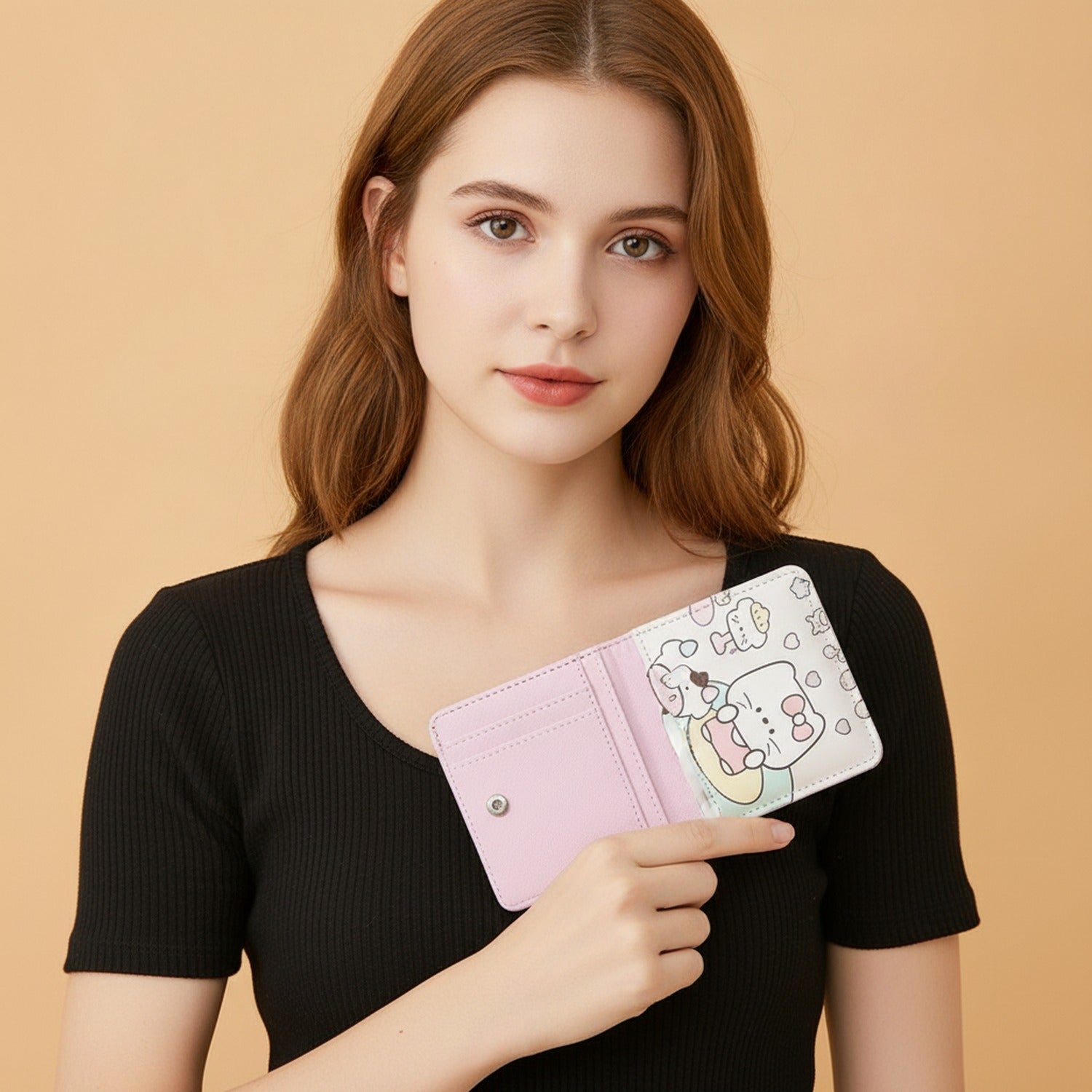 Pink Kawaii Character Tri-Fold Wallet With Mirror