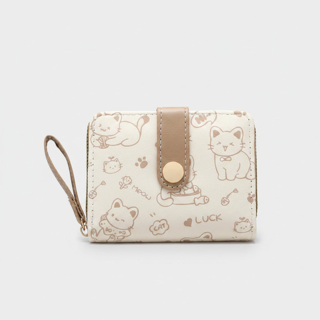 Cute Cat Printed Wallet With Wrist Strap