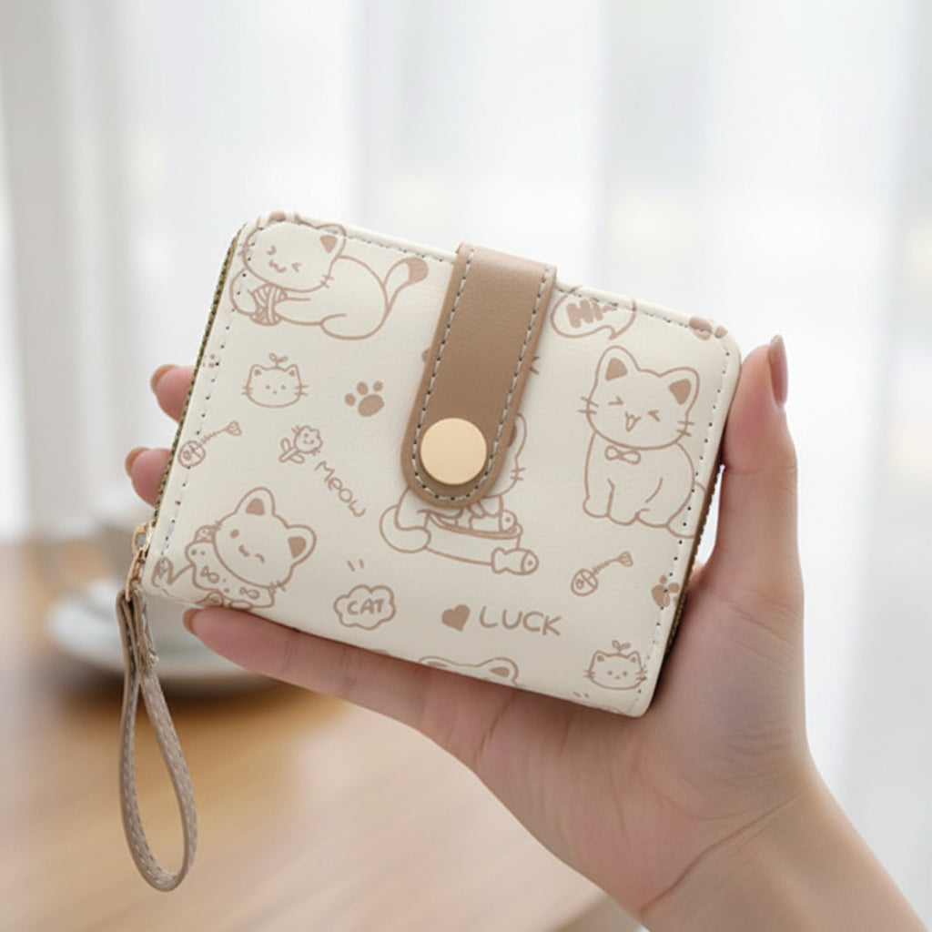 Cute Cat Printed Wallet With Wrist Strap