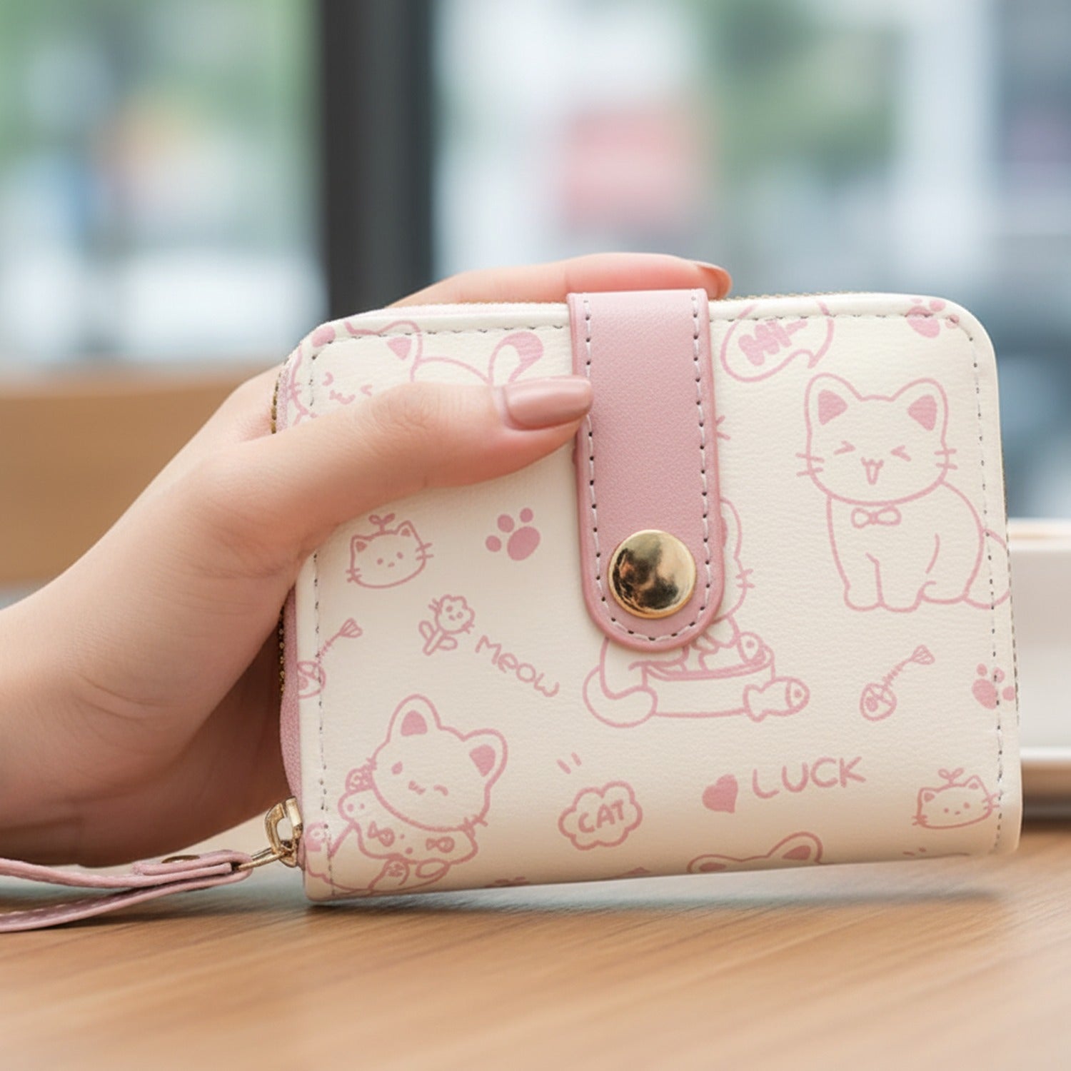 Cute Cat Print Wallet With Wrist Strap