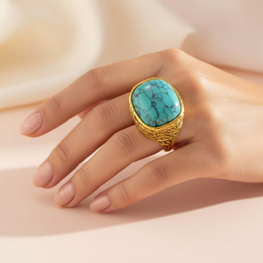 Turquoise Stone Gold Textured Statement Ring