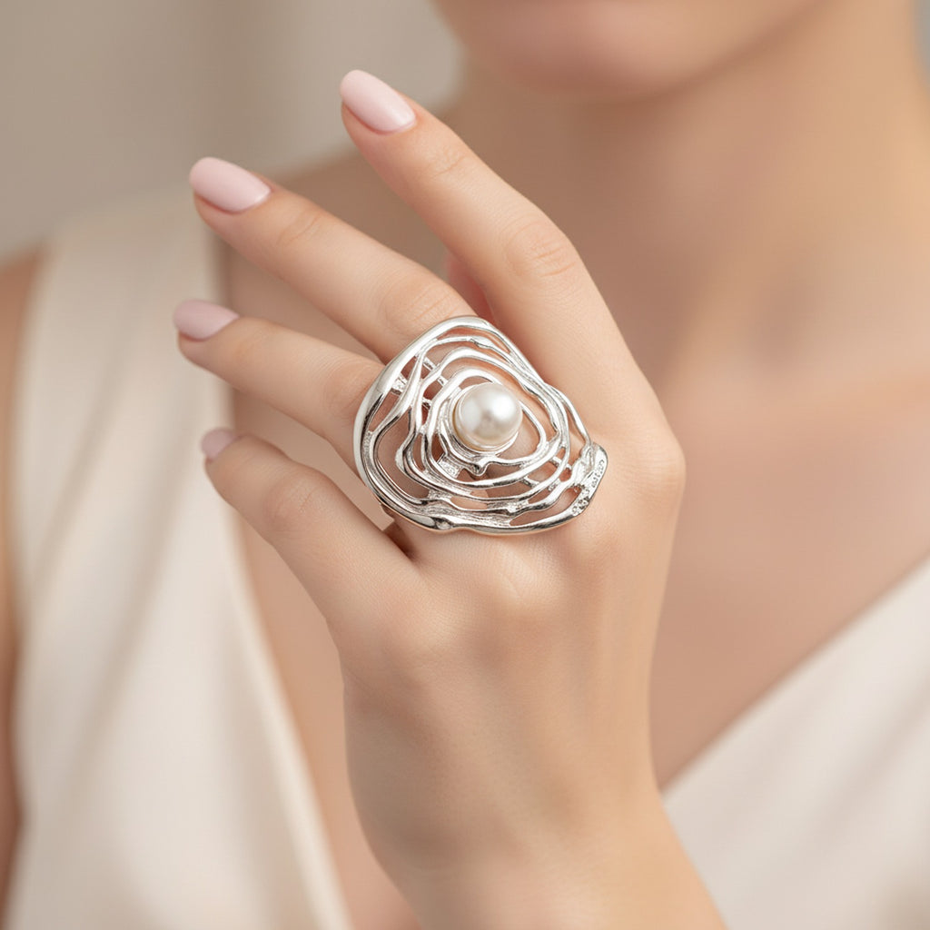 Pearl Oyster Shell Silver Ring Set