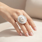 Pearl Center Textured Silver Ring Set