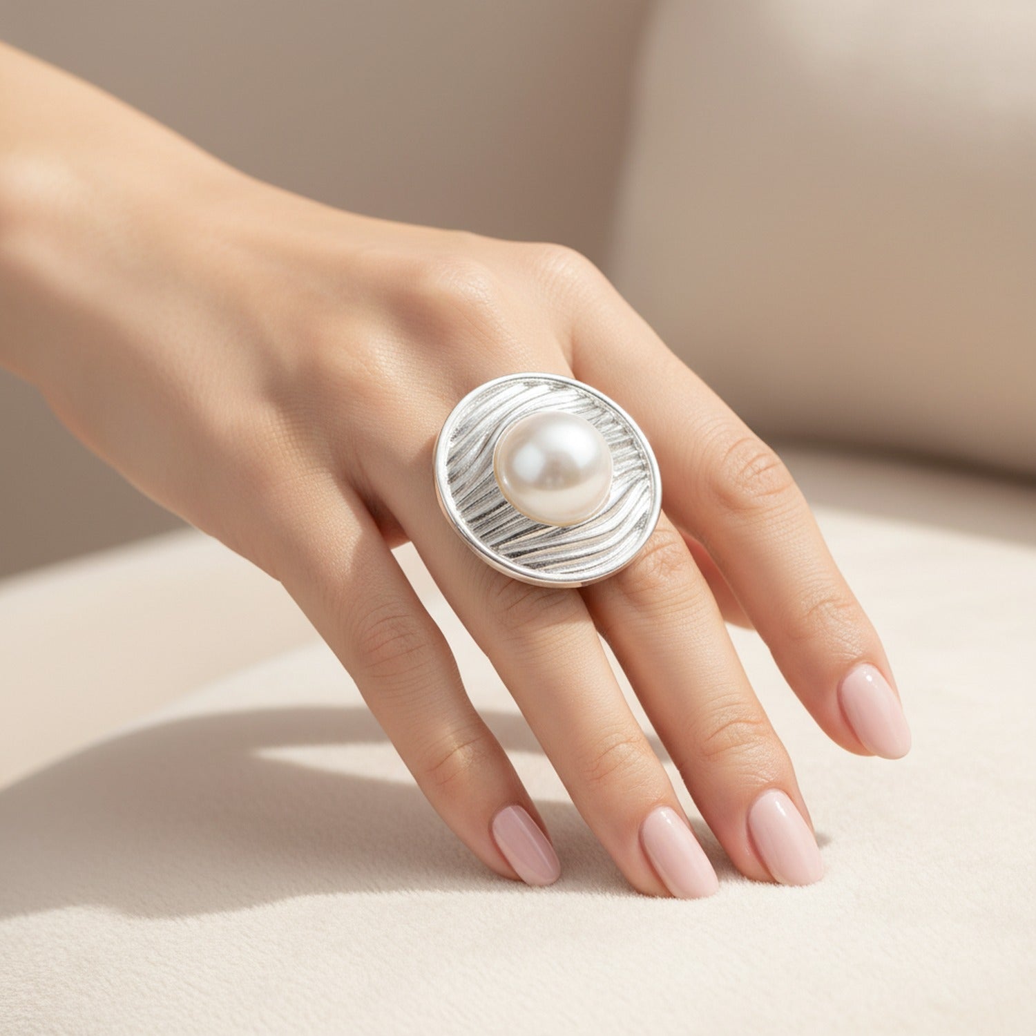 Pearl Center Textured Silver Ring Set