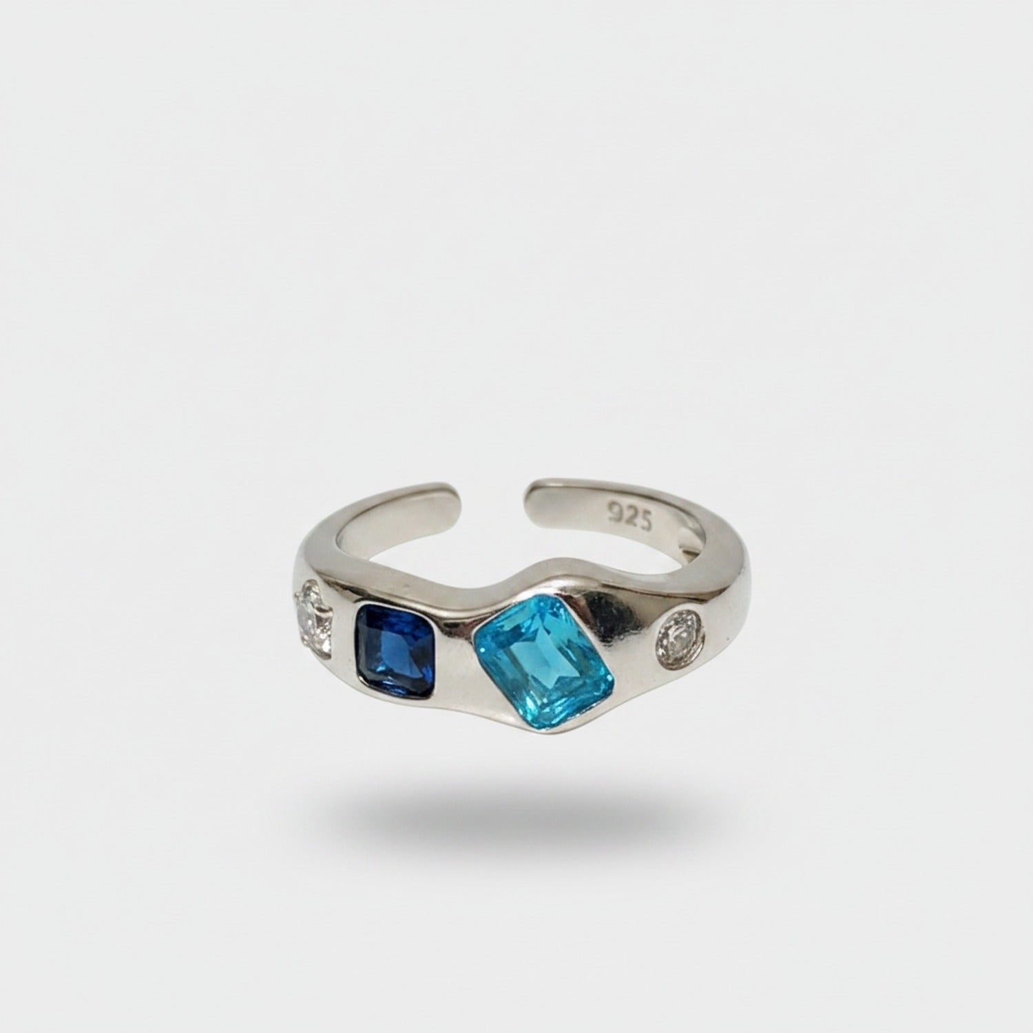 Blue Gemstone Rhinestone Silver Adjustable Ring