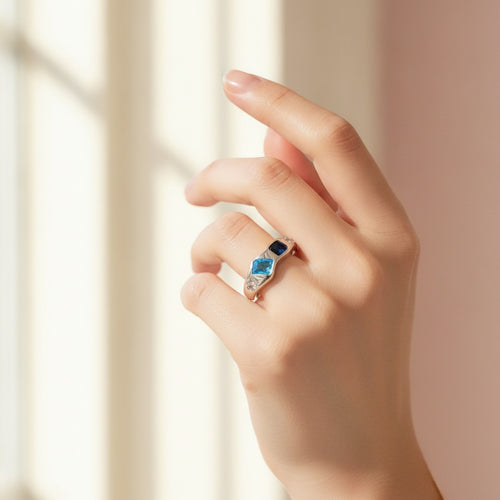 Blue Gemstone Rhinestone Silver Adjustable Ring
