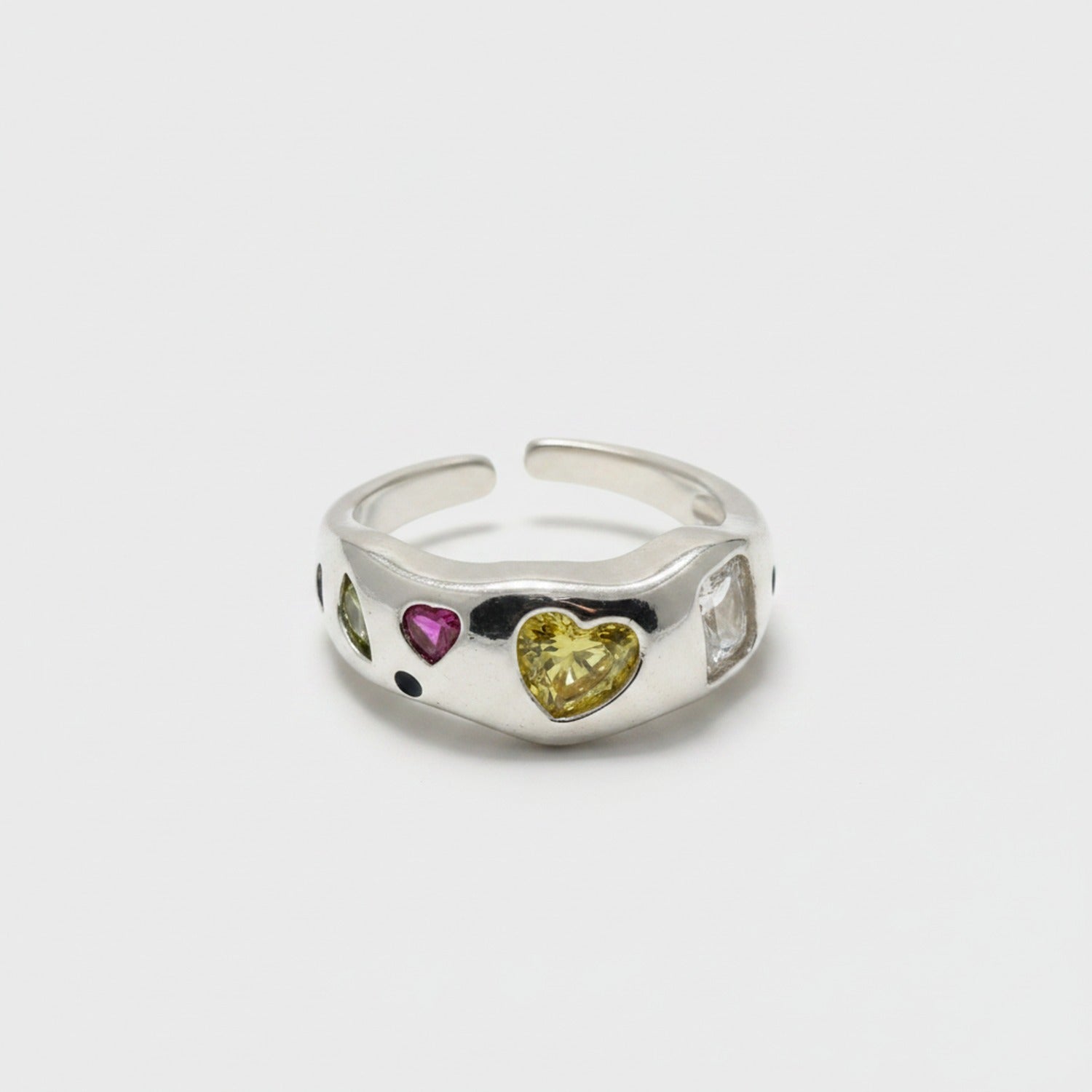 Silver Heart Gemstone Cuff Ring Set