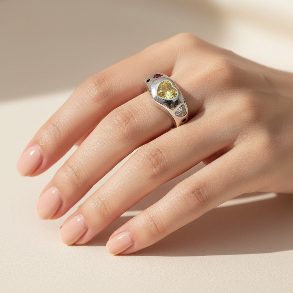 Silver Heart Gemstone Cuff Ring Set
