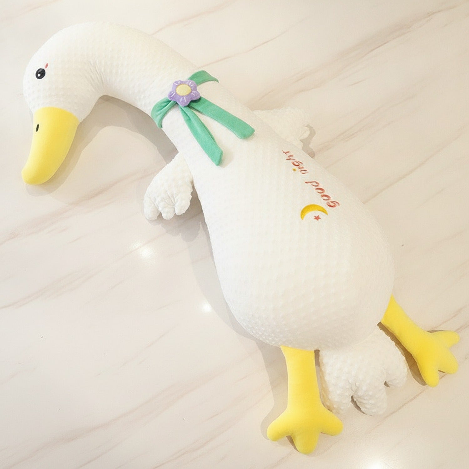 Cream Duck Plush Toy With Flower Ribbon