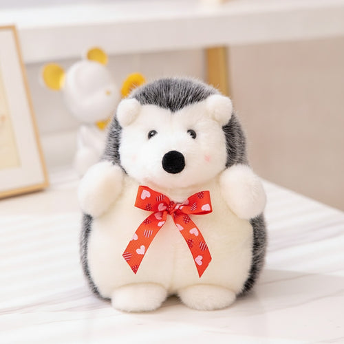 Adorable Gray and White Hedgehog Plush with Red Ribbon Bow